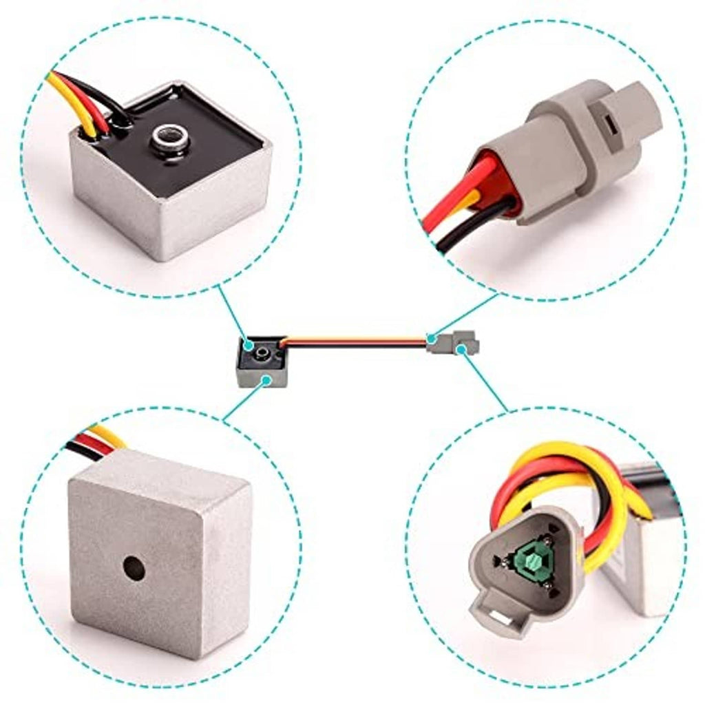 Voltage regulator rectifier module with connector and colored wire leads, detail view