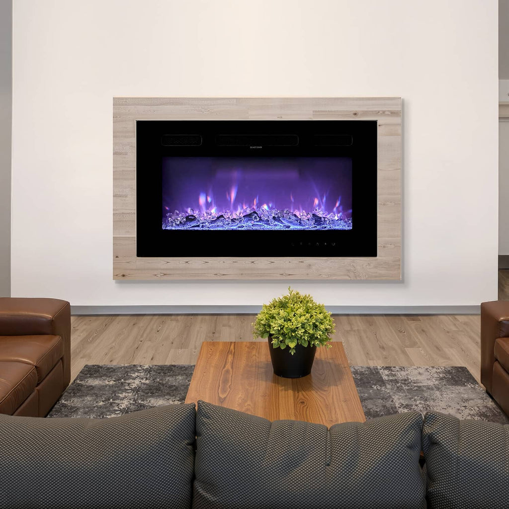 Recessed wall-mounted electric fireplace with glowing purple flame display in frame