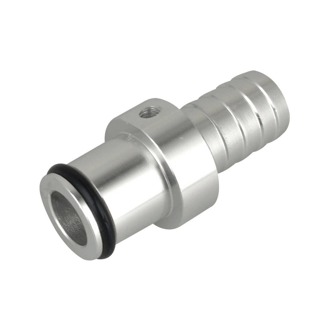 Metal coolant bypass hose barb adapter with black rubber O-ring and threaded hole