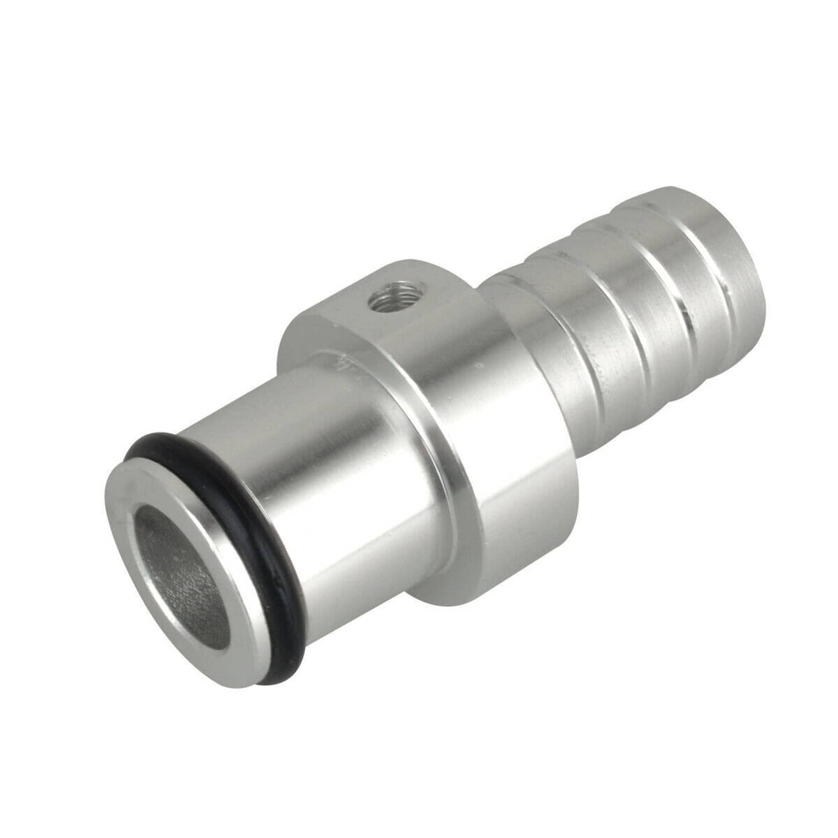 Metal coolant bypass hose barb adapter with black rubber O-ring and threaded hole