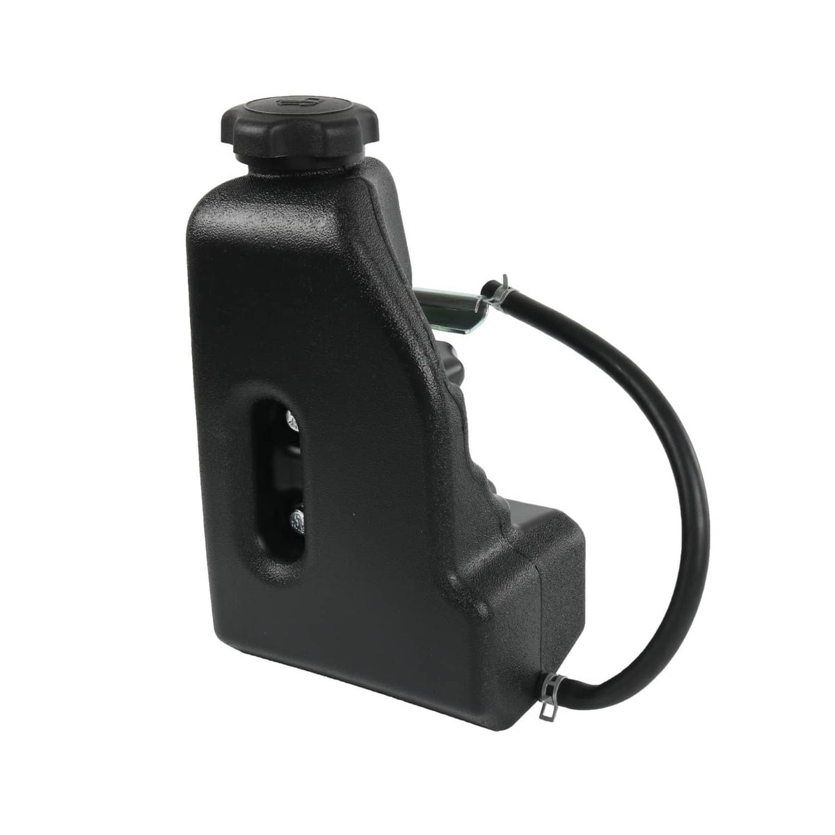 Fuel gas tank with black cap and fuel line connector, side view