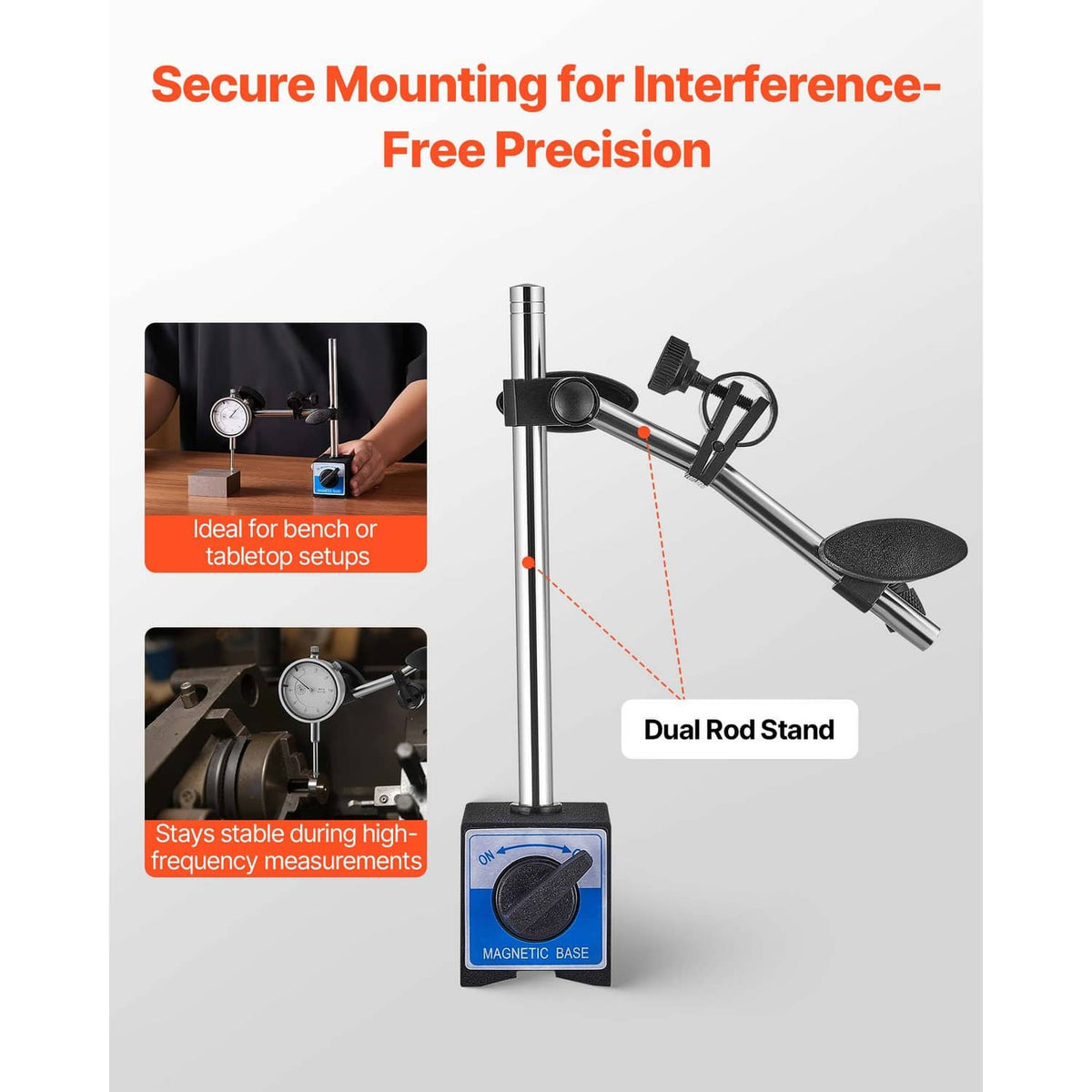Dial test indicator dual-rod stand with magnetic base for secure bench mounting