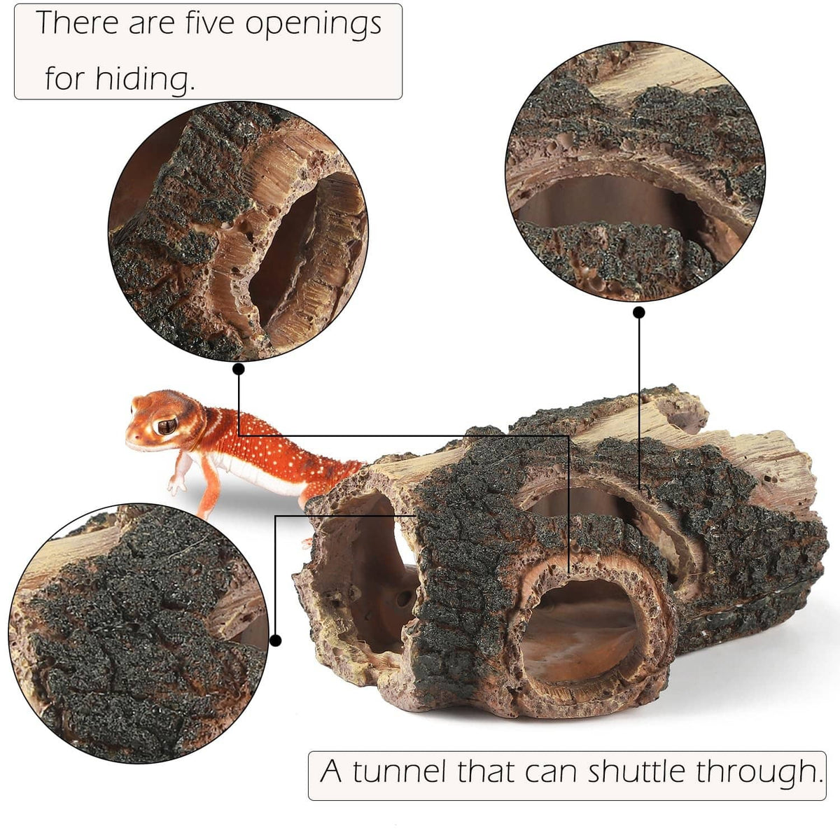 Aquarium resin log hideout with several entrances and curved shuttling tunnel