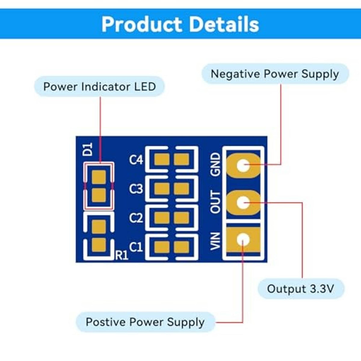 AMS1117-3.3 power indicator diagram showing VIN, OUT, and GND for 3.3V output