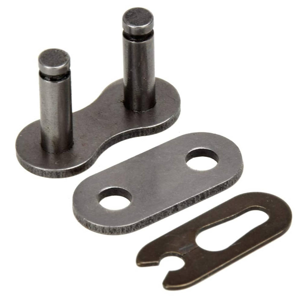 Roller chain master link connector with two pins, base plate, and retaining clip