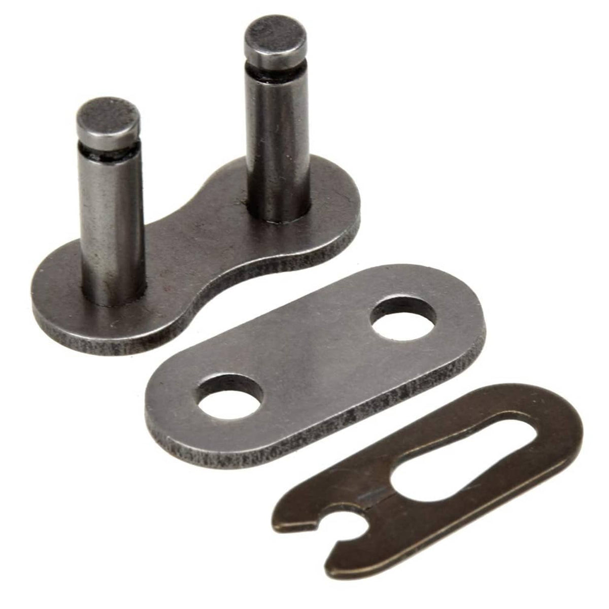 Roller chain master link connector with two pins, base plate, and retaining clip