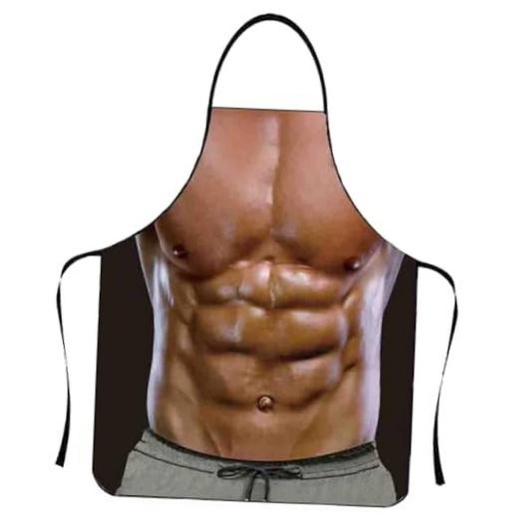 Humorous muscle-print apron with black neck strap and gray waist pocket