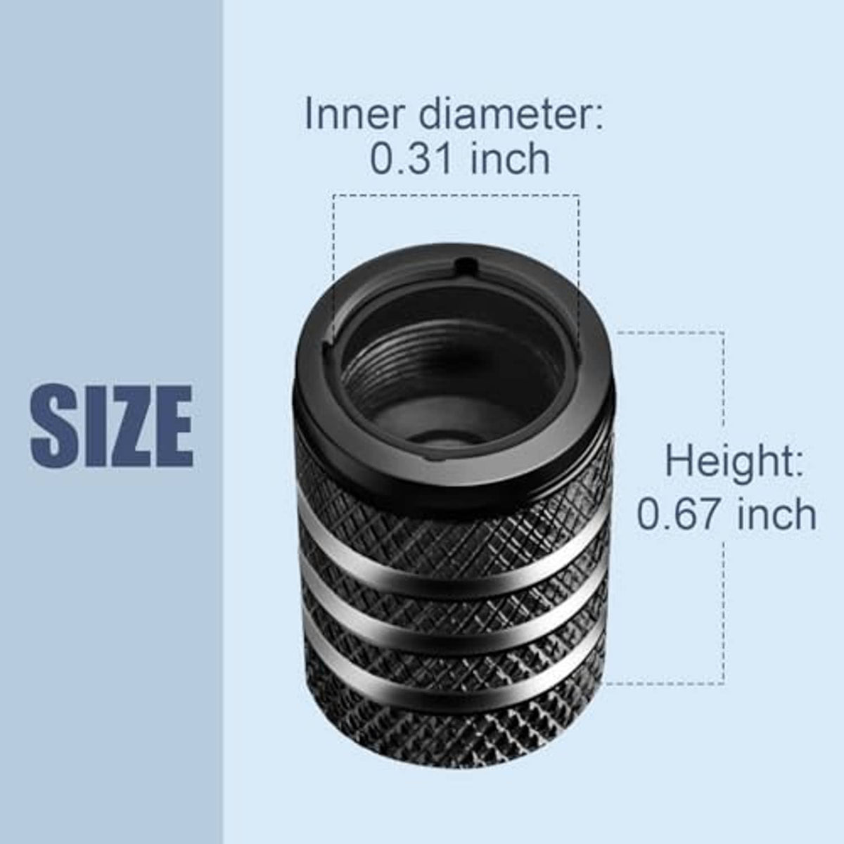 Black tire valve stem cap with internal threads and ridged striped grip