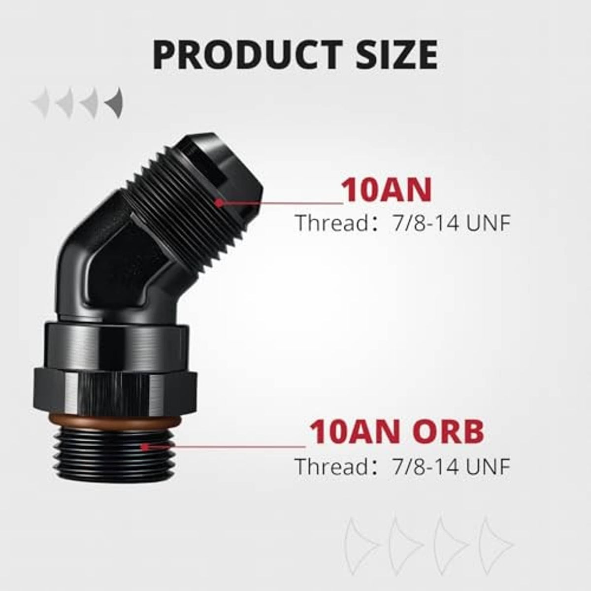 Black 45-degree male AN ORB swivel adapter shown in side profile
