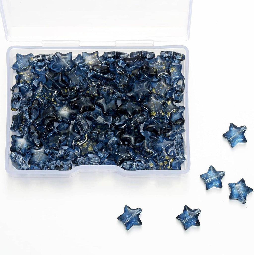 Dark blue star-shaped glass beads in open container with loose stars