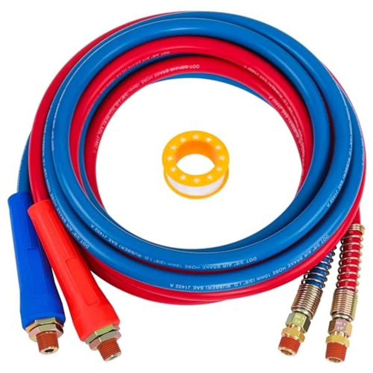 Coiled blue and red air brake hose with brass coupler fittings and red handle section