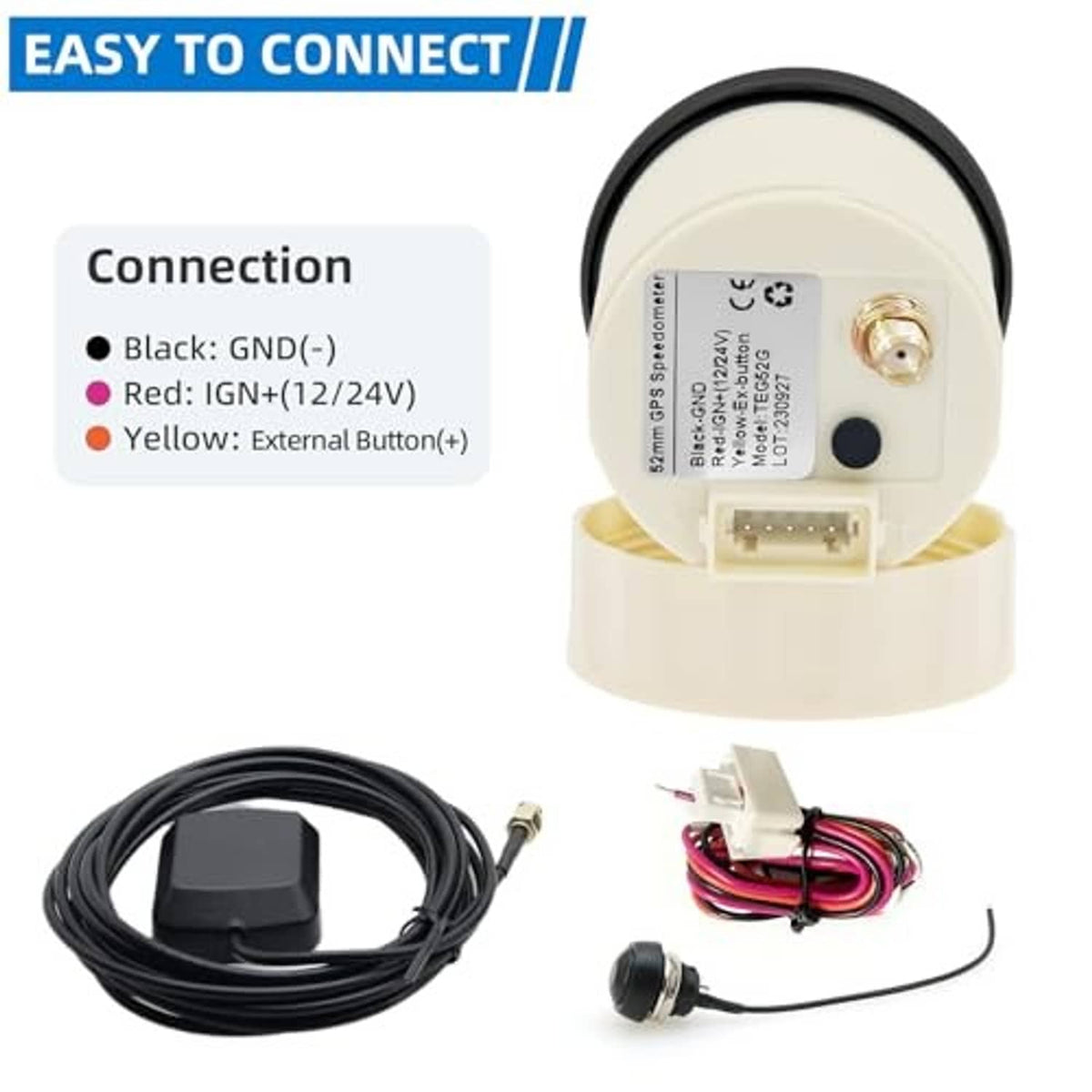 Round GPS speedometer gauge with rear connection ports, wiring harness, and external button lead