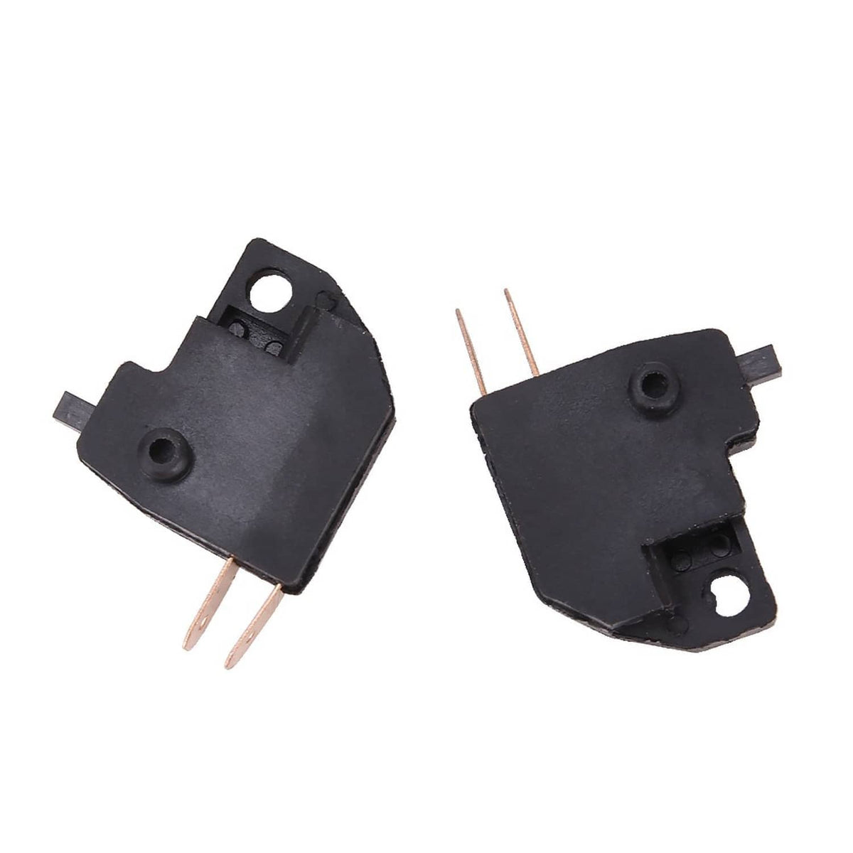 Two black brake stop light switch modules showing mounting holes and copper leads