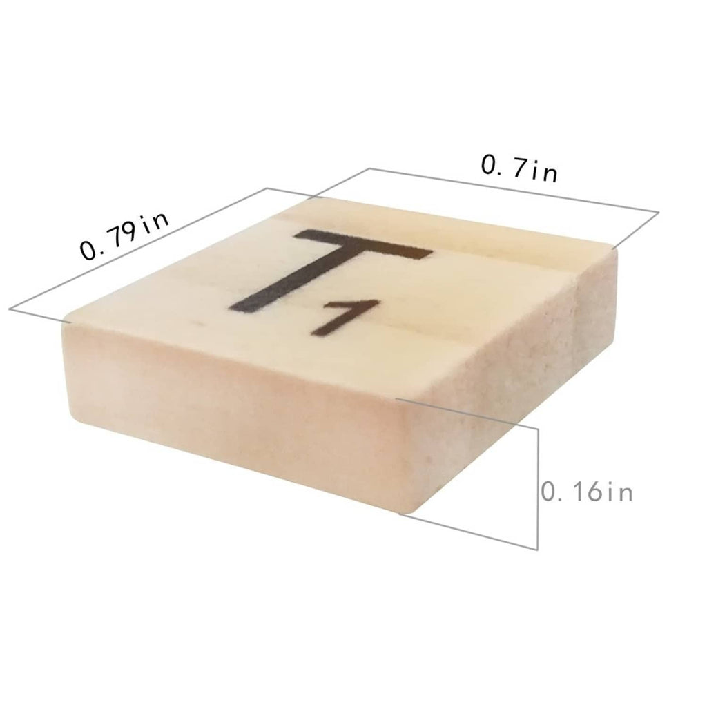 Single wood letter tile with dark printed character, light woodgrain finish and size markings