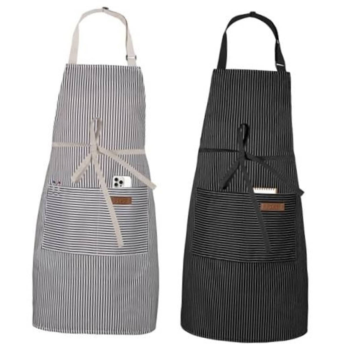 Adjustable bib aprons, black and white pinstripe with front pocket and neck loop