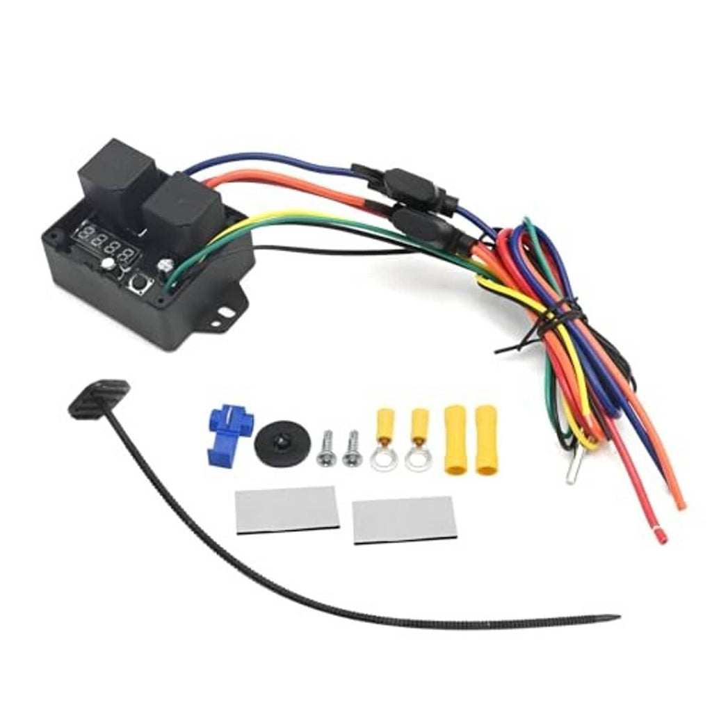 12V radiator fan controller wiring kit with black module, fuse-style caps, and terminals