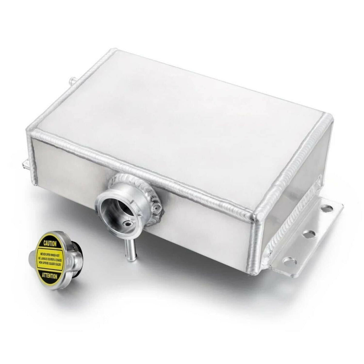 Aluminum radiator coolant overflow reservoir tank with mounting brackets and filler cap