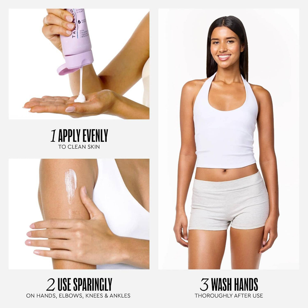 Body lotion application on arm, with squeeze tube and wash-hands step