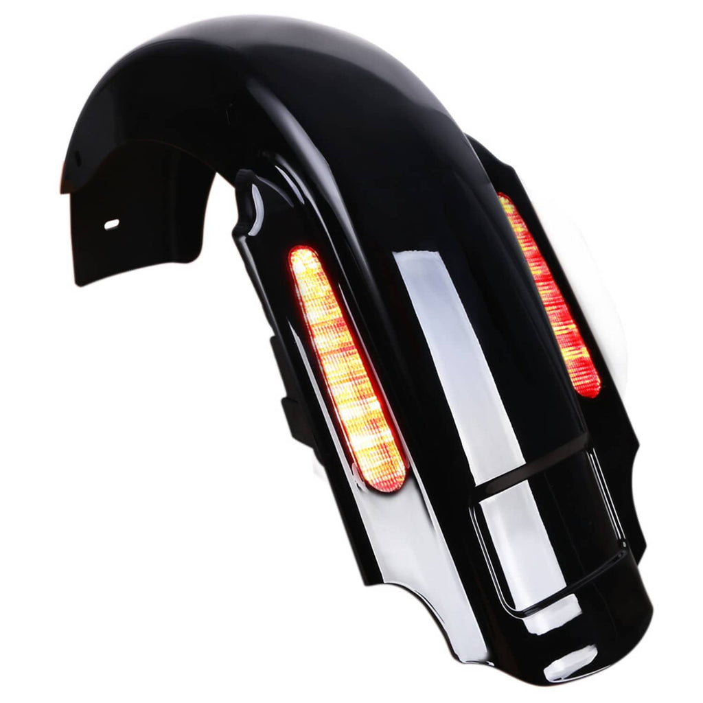 Black rear fender with dual vertical LED light bars glowing red