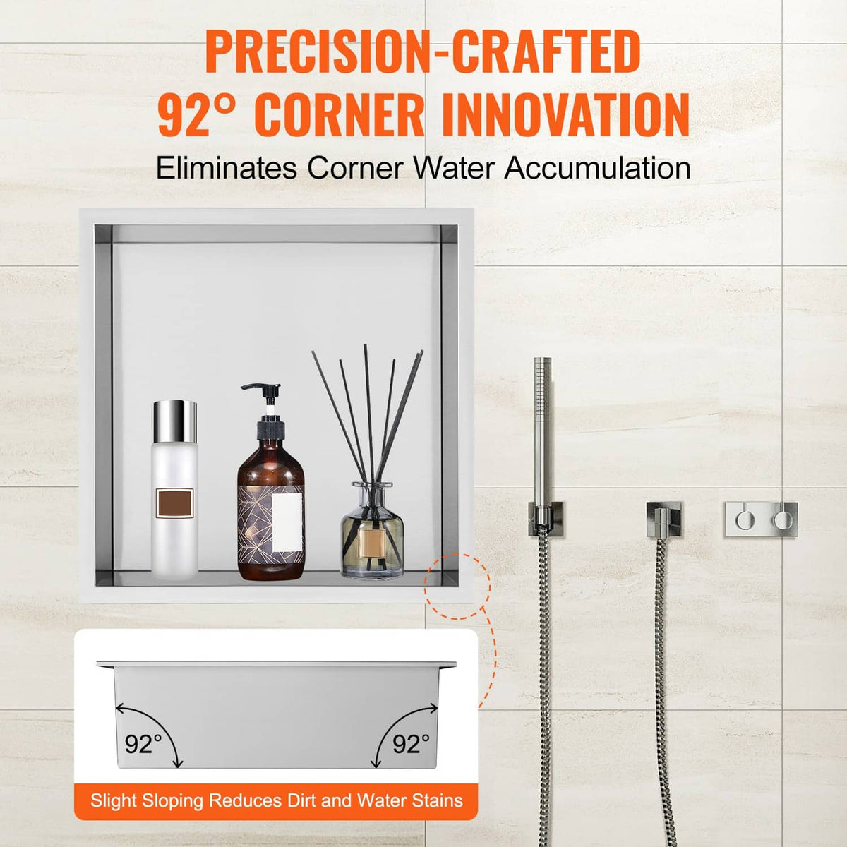 Uimoso stainless steel shower niche with 92-degree corner design