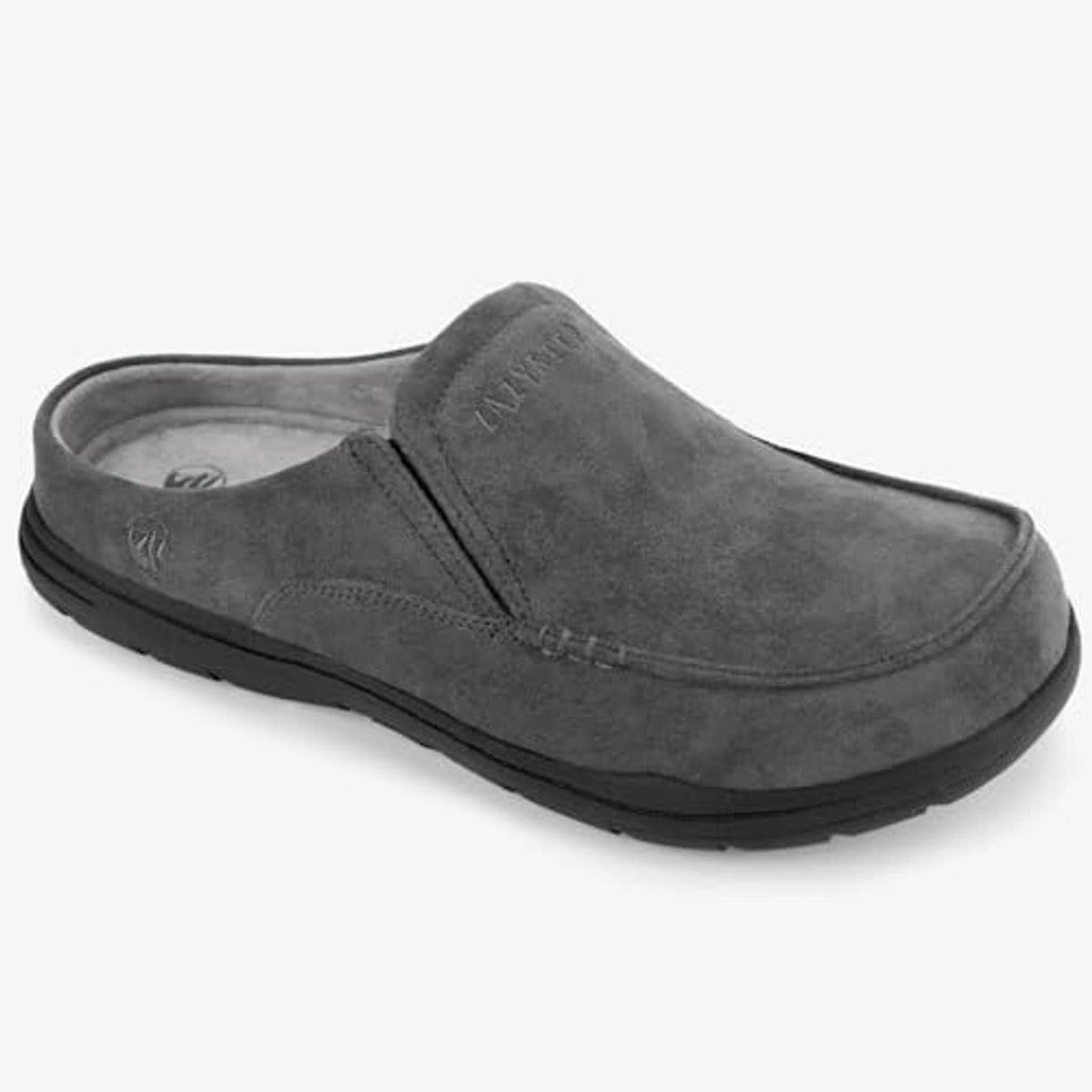 Men's slate grey cushioned clog slipper, slip-on suede upper with cushioned insole