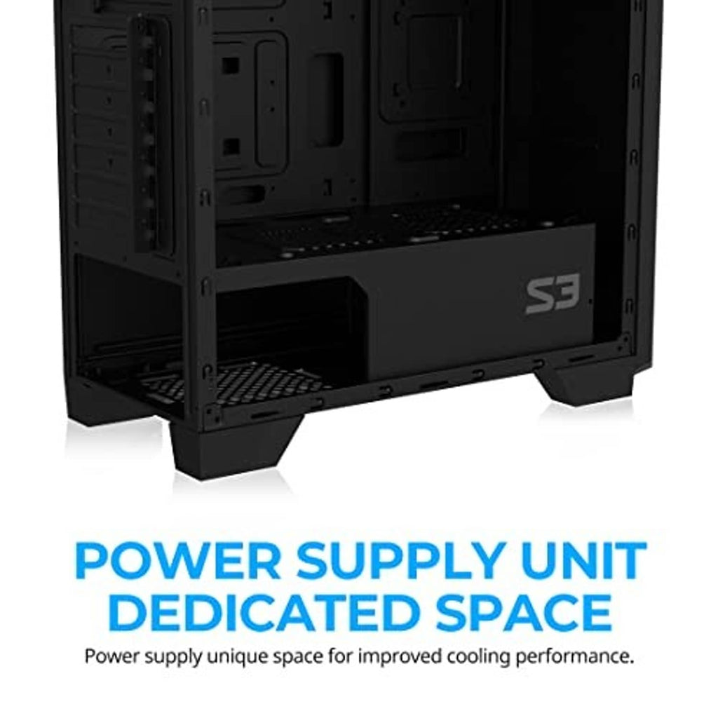 Black open PC case showing power supply dedicated area and internal frame