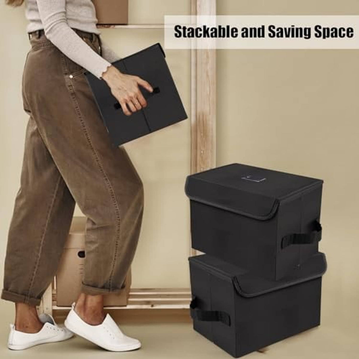 Stackable black nylon vinyl record storage boxes with hinged lids and side grips