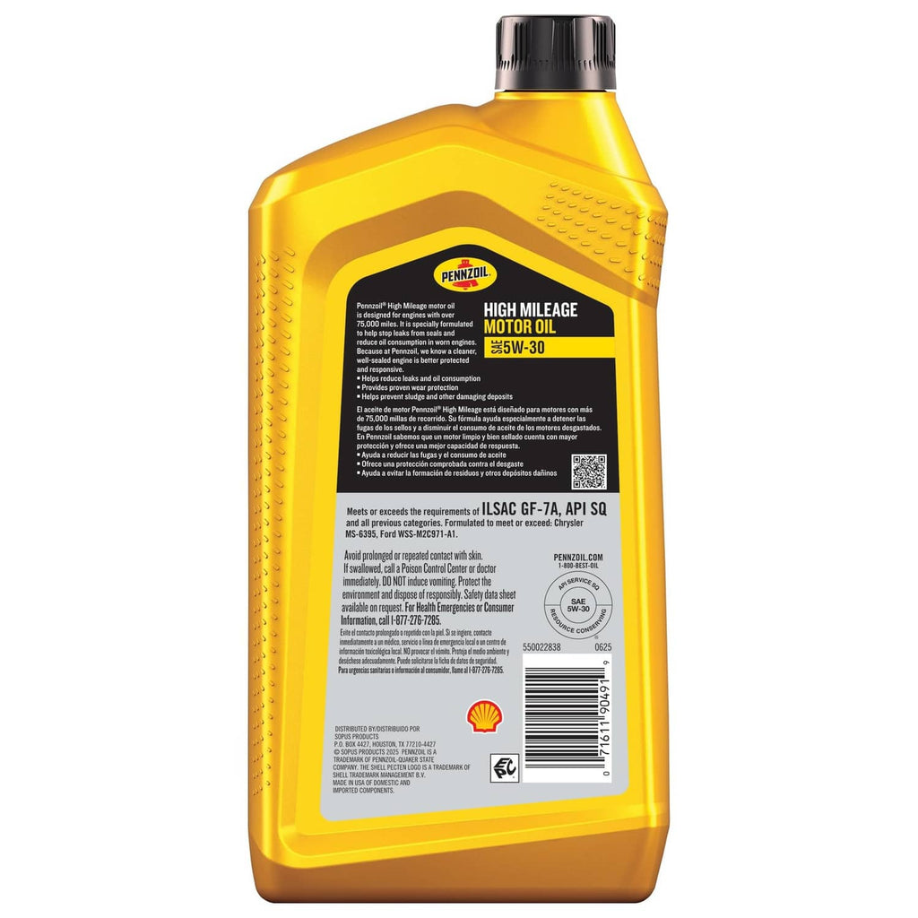 Pennzoil High Mileage 5W-30 motor oil bottle with back label and barcode.
