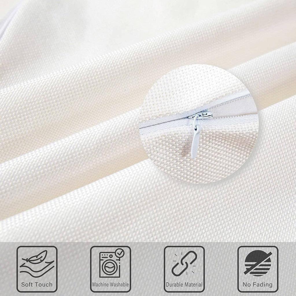 Cream pillow cover fabric with hidden zipper and machine-wash care icons