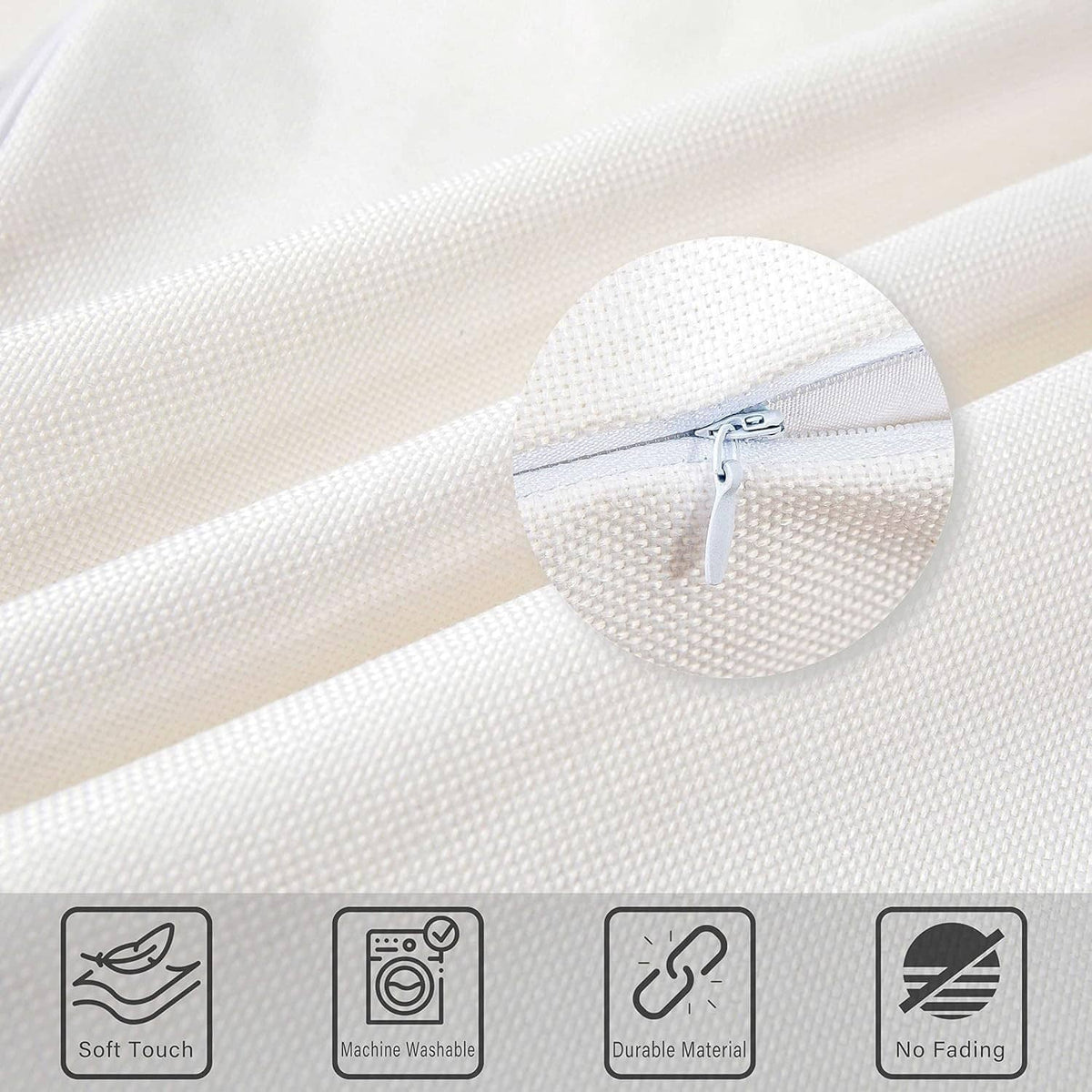 Cream pillow cover fabric with hidden zipper and machine-wash care icons