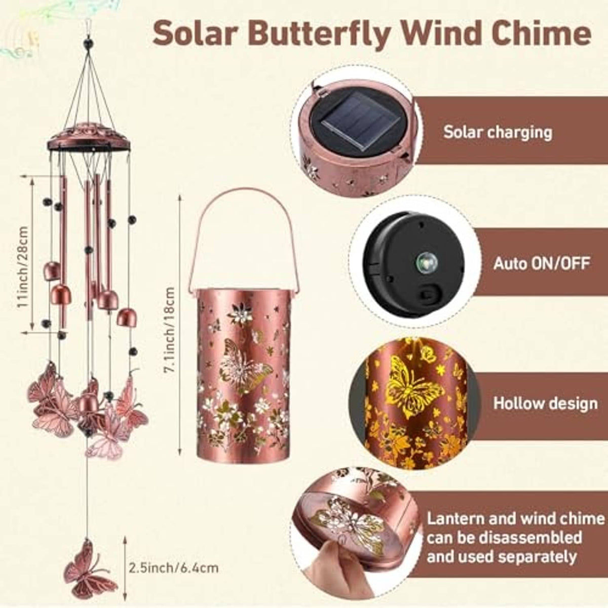 Solar wind chime lantern with pink metal cylinder, butterfly cutouts, and hanging chime rods