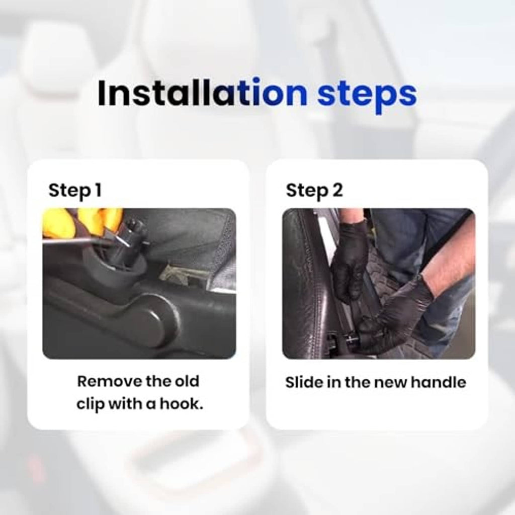 Dark gray recliner handle installation on car seat, showing old removal and new fit