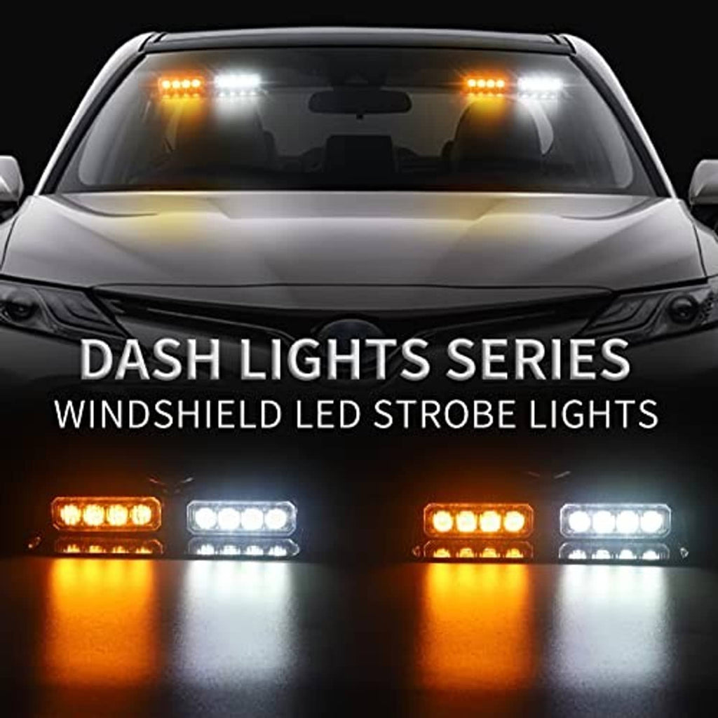 Dash strobe LED windshield emergency lights flashing amber and white on a car dashboard