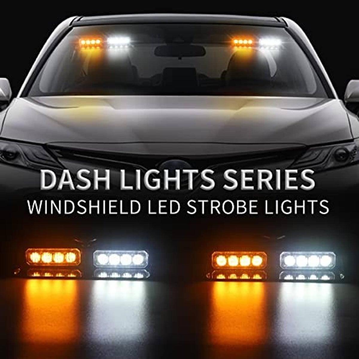 Dash strobe LED windshield emergency lights flashing amber and white on a car dashboard
