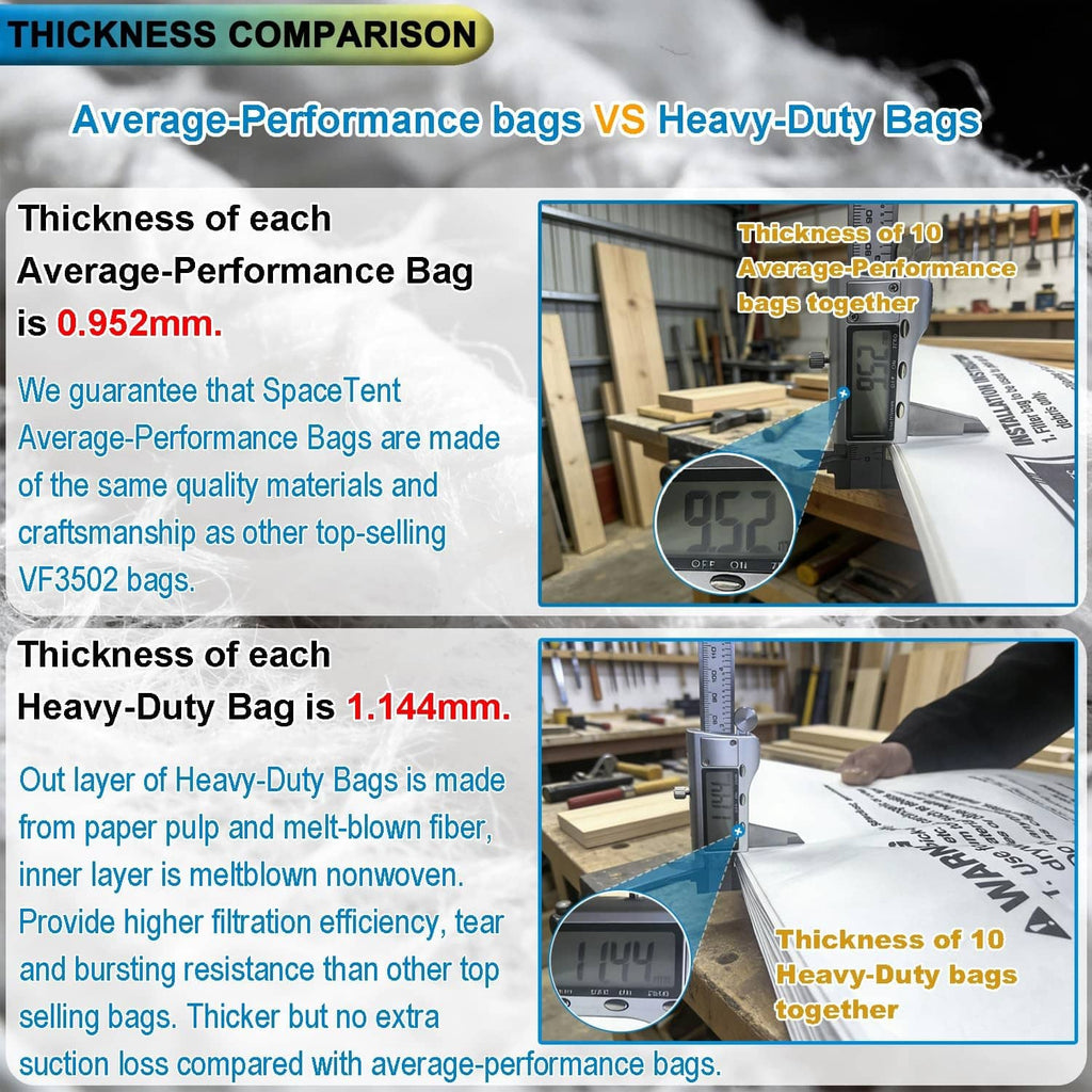 Vacuum bag thickness comparison chart showing 10 heavy-duty bags together