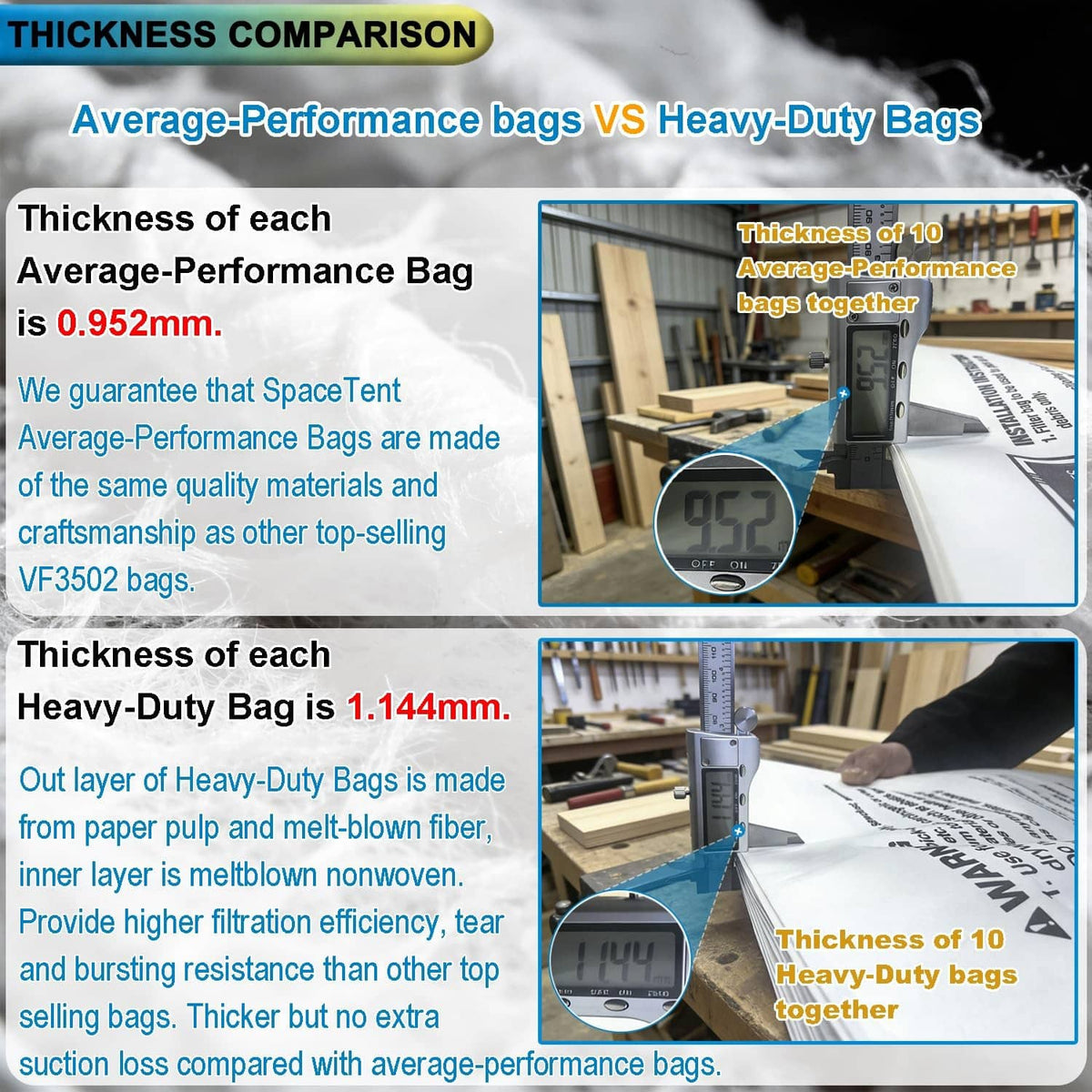 Vacuum bag thickness comparison chart showing 10 heavy-duty bags together