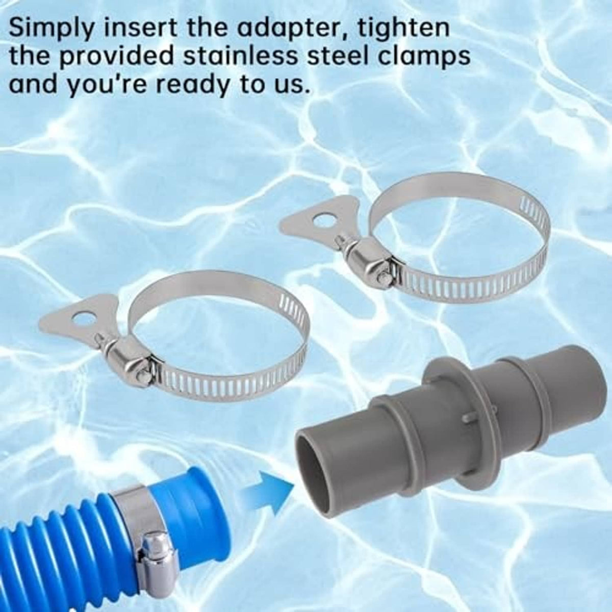 Gray pool hose adapter with two stainless steel hose clamps ready to tighten