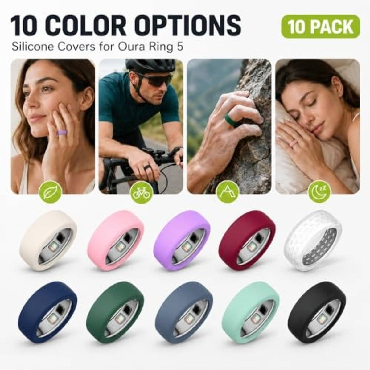 Silicone ring covers for Oura Ring 5 in 10 colors, shown in a color lineup