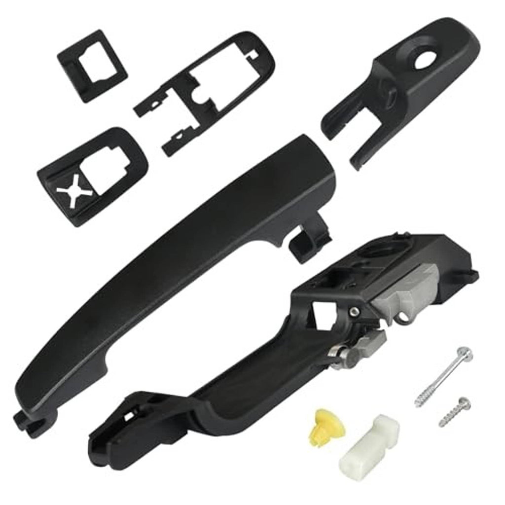 Black exterior door handle kit, including lock insert, trim pieces, and mounting screws