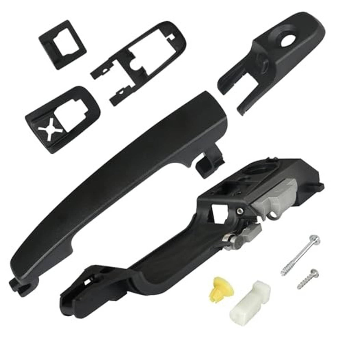 Black exterior door handle kit, including lock insert, trim pieces, and mounting screws