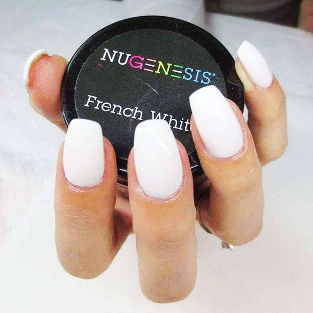 French White dip powder on short oval nails, with NUGENESIS jar