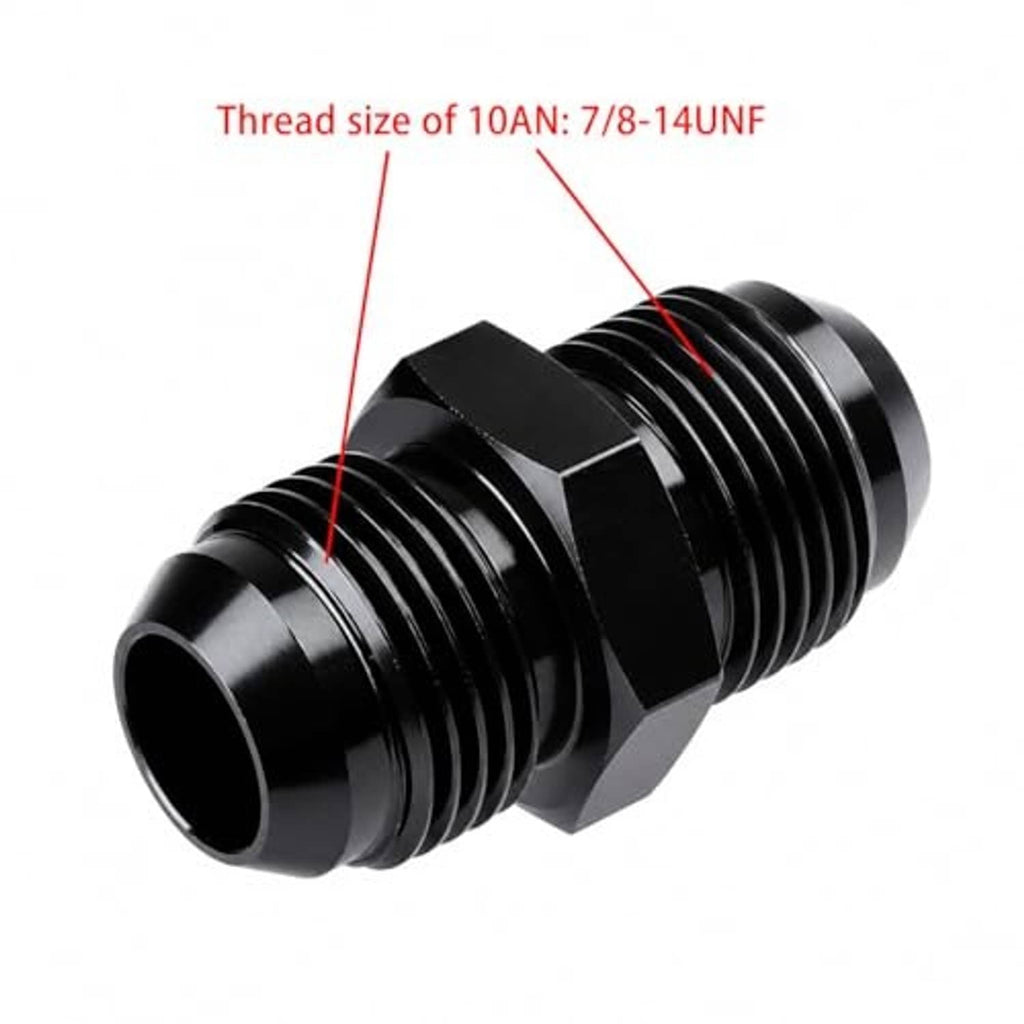 Black 10AN male flare straight fuel hose coupler union; 7/8-14 UNF thread size, hex fitting.