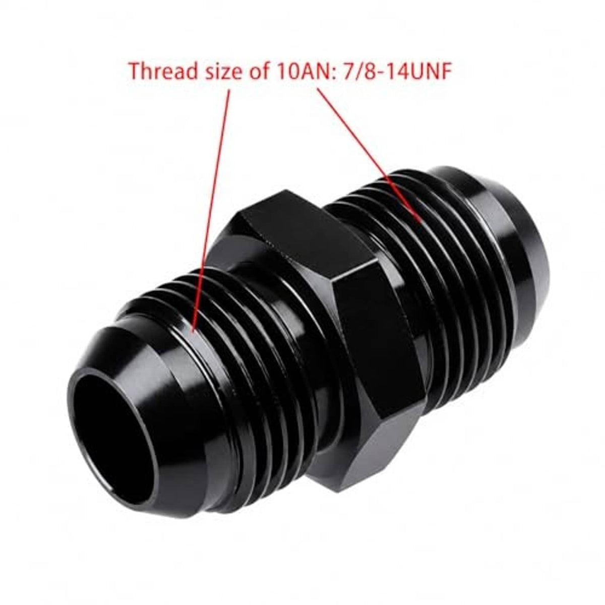 Black 10AN male flare straight fuel hose coupler union; 7/8-14 UNF thread size, hex fitting.