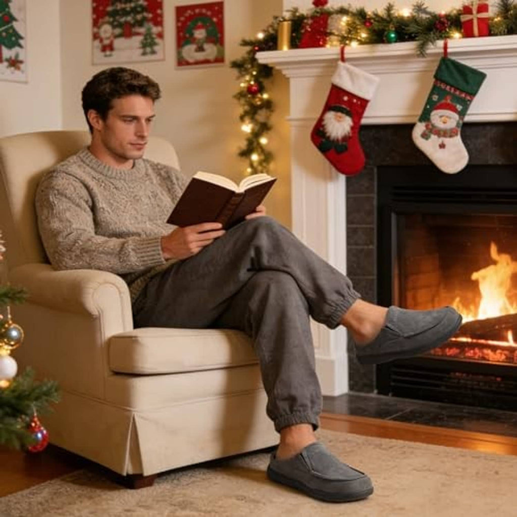 Men's slate grey cushioned clog slippers worn with cuffed pants by a fireplace