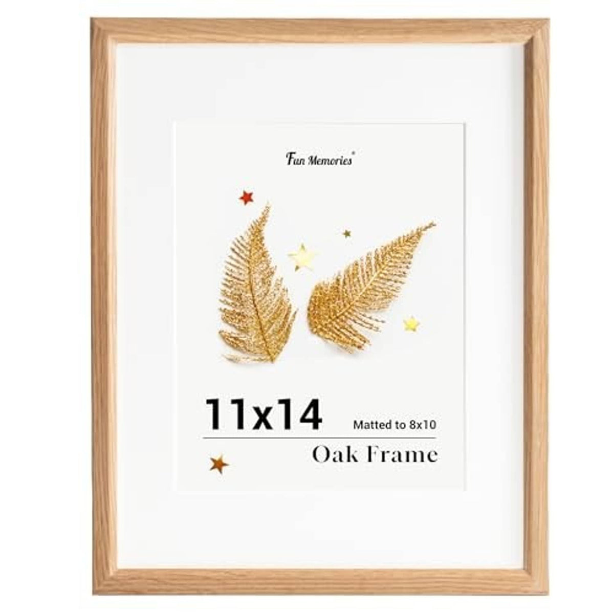 Natural oak 11x14 picture frame with white mat over artwork, front view