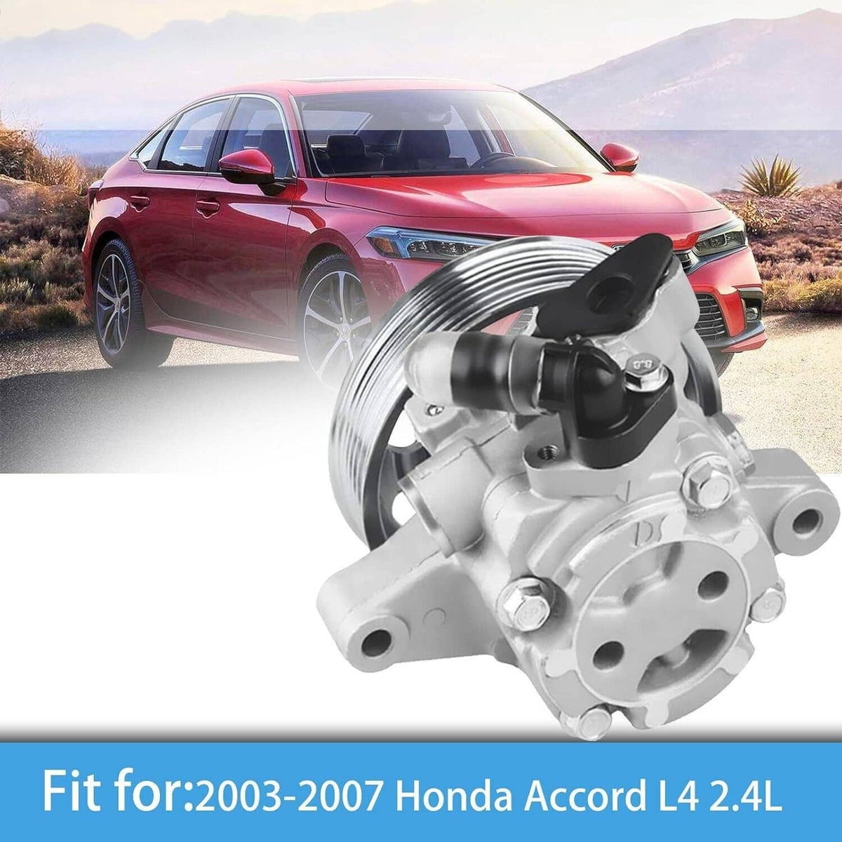Power steering pump with pulley assembly, silver body with ribbed pulley and black hose connector.