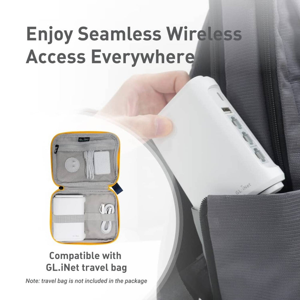 White travel router in a zippered carrying case, held near the bag.