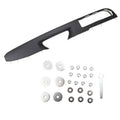 Black front right door armrest panel with mounting screws, washers, and brackets