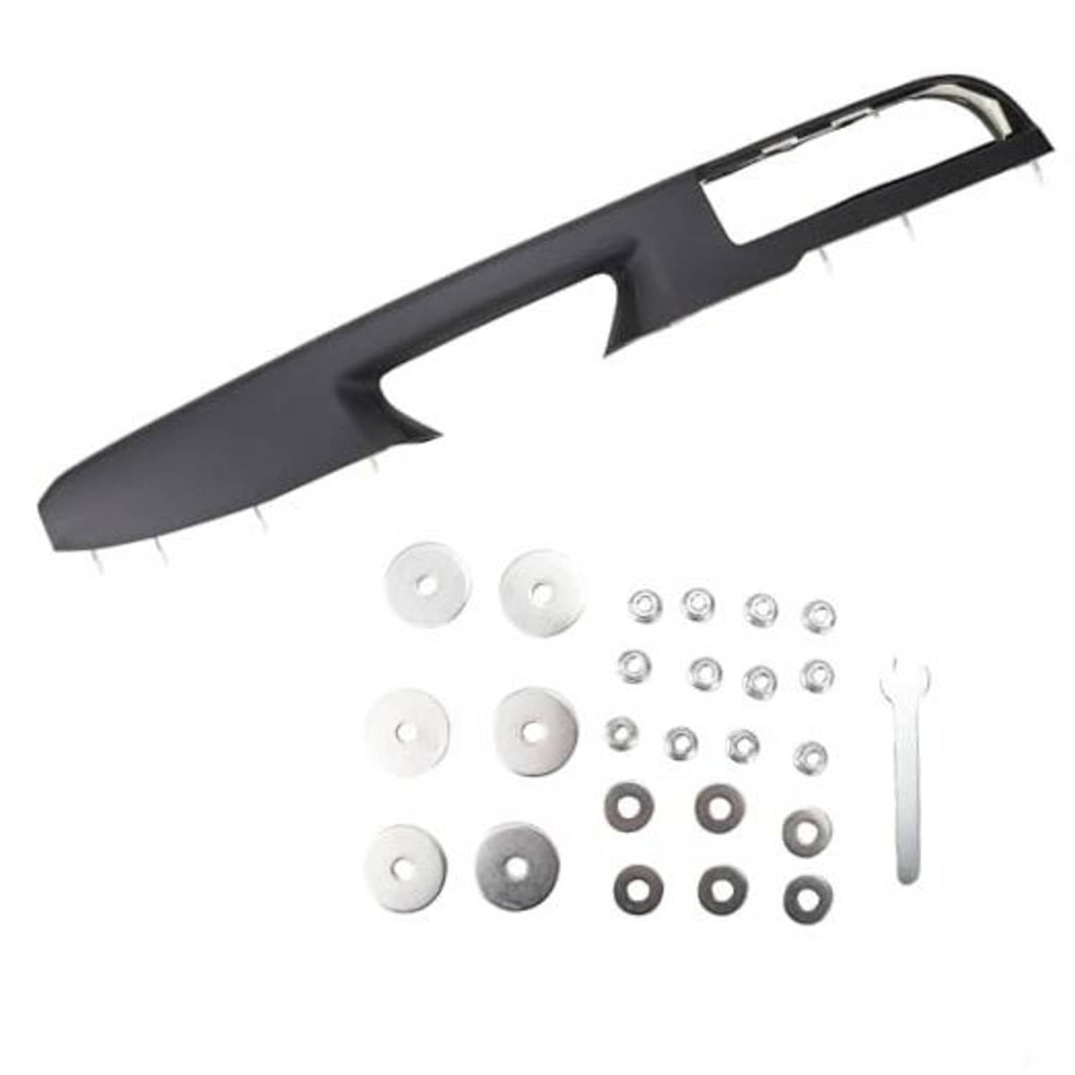 Black front right door armrest panel with mounting screws, washers, and brackets
