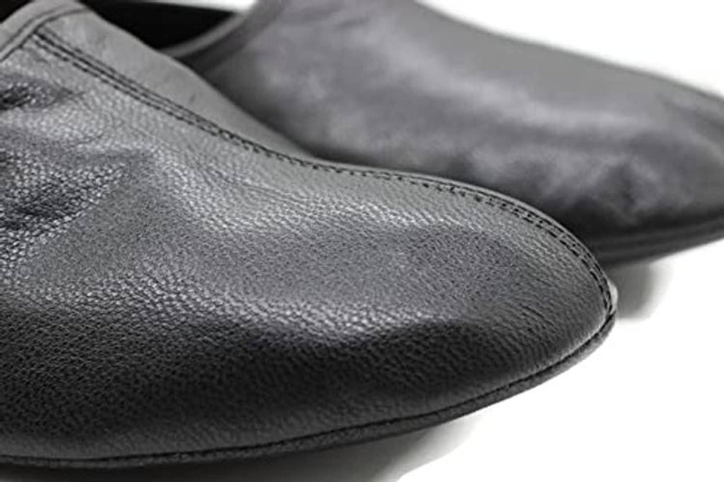 Leather babouche slipper toe with stitched seam detail, dark gray/black